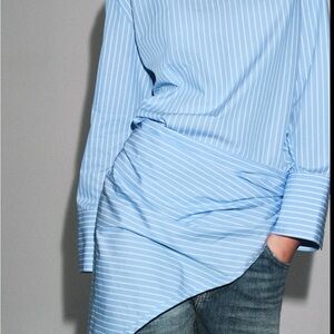 BWT - ZARA Blue Striped Poplin Shirt with Scarf Tie Neck - 100% Cotton S/M